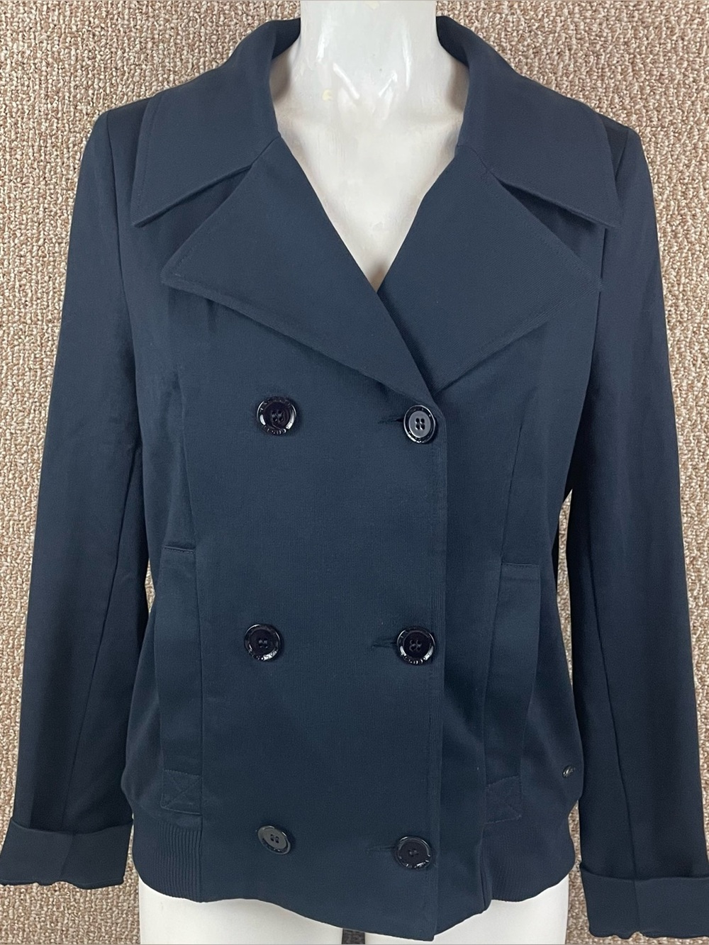 Lacoste Peacoat Jacket Women 44 Navy Blue Cotton Double Breasted Quiet Luxury R2